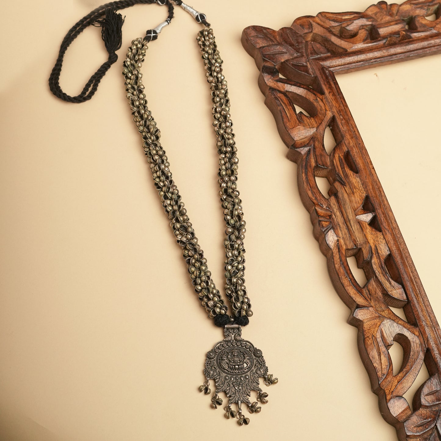 German silver temple Brass long Necklace with ghoogroo