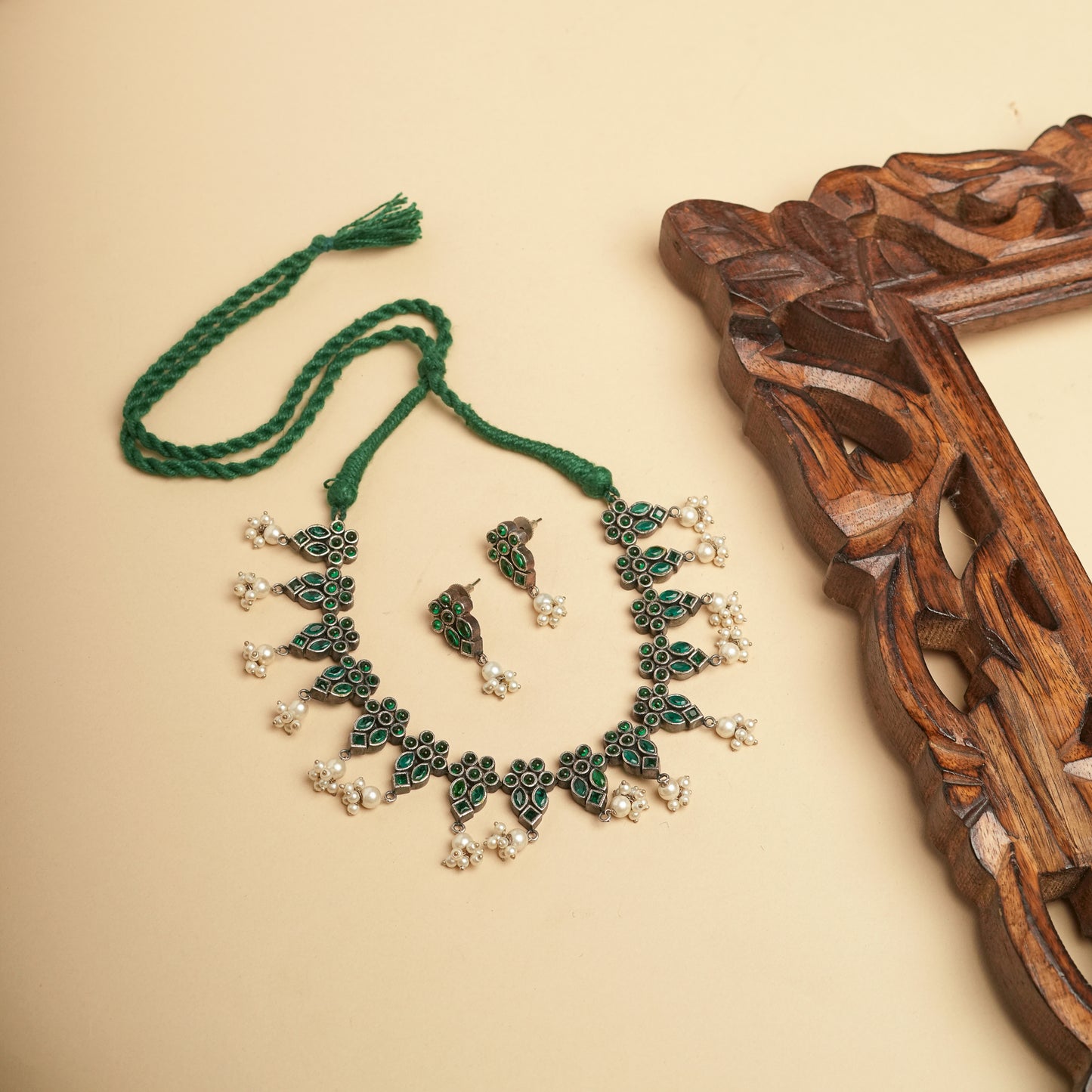 German silver statement  green stone Necklace set perfect for Navratri