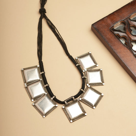 Classy German silver Necklace Square Motif with Black thread for Navratri