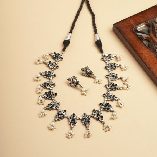 Elegant Navratri Necklace with white pearls ,Blue and white stones with black thread