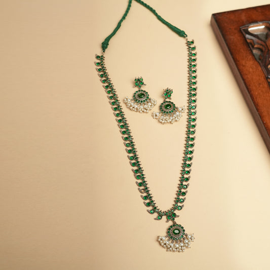 Festive long green Necklace-German silver Brass for Navratri