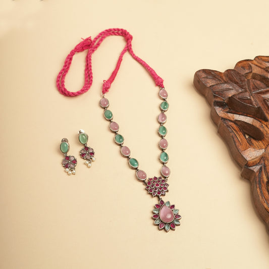 Festive long Necklace-German silver Brass for Navratri in sea  green & pink stone