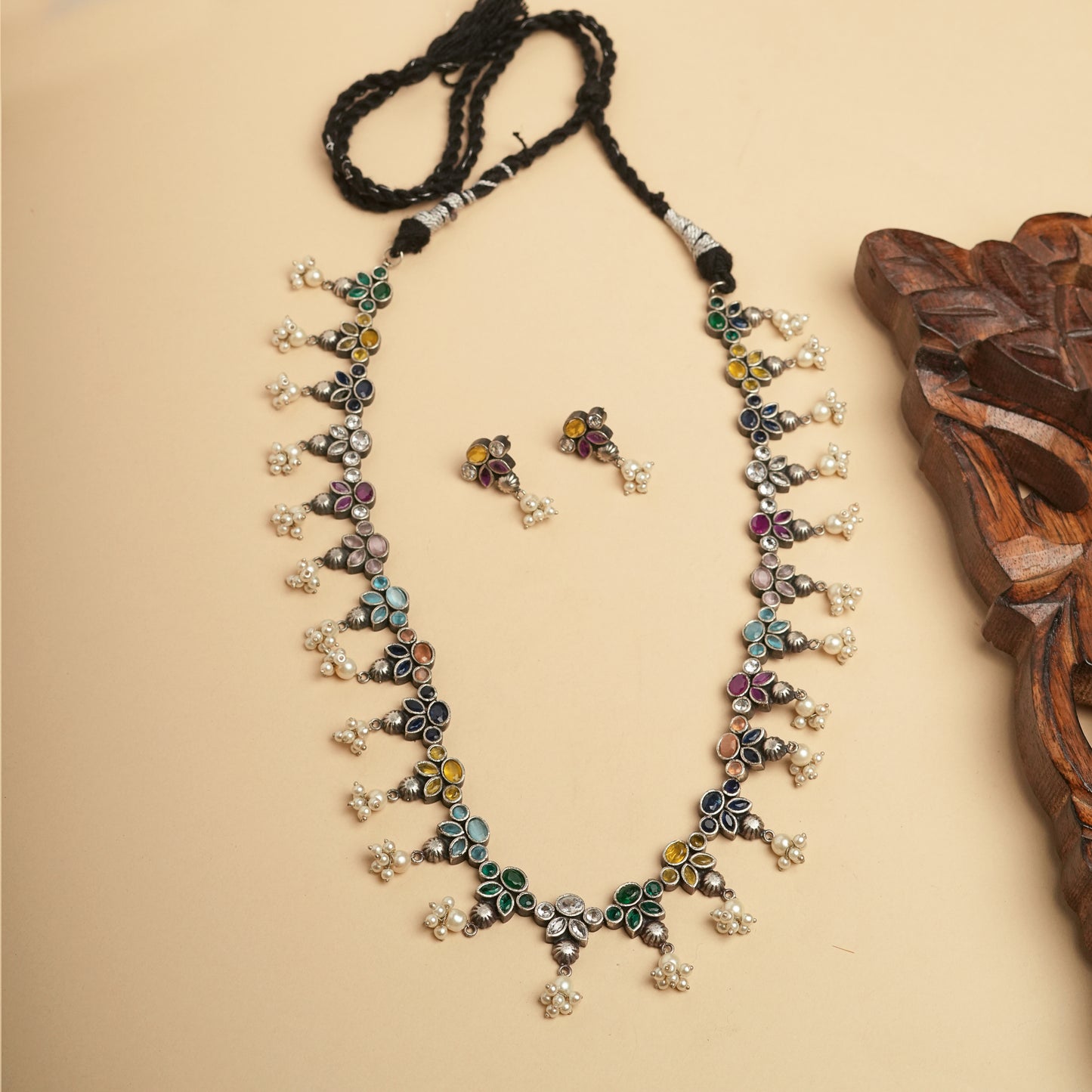 Festive long Necklace-German silver Brass for Navratri in Muli-colored stones