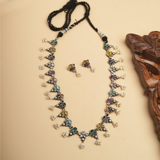 Festive long Necklace-German silver Brass for Navratri in Muli-colored  stones