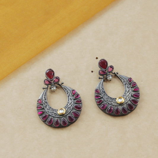 Antique German silver oxidized earrings with pink stones