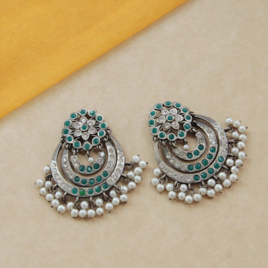 Elegant green & pearl Navratri Chandbali Earrings