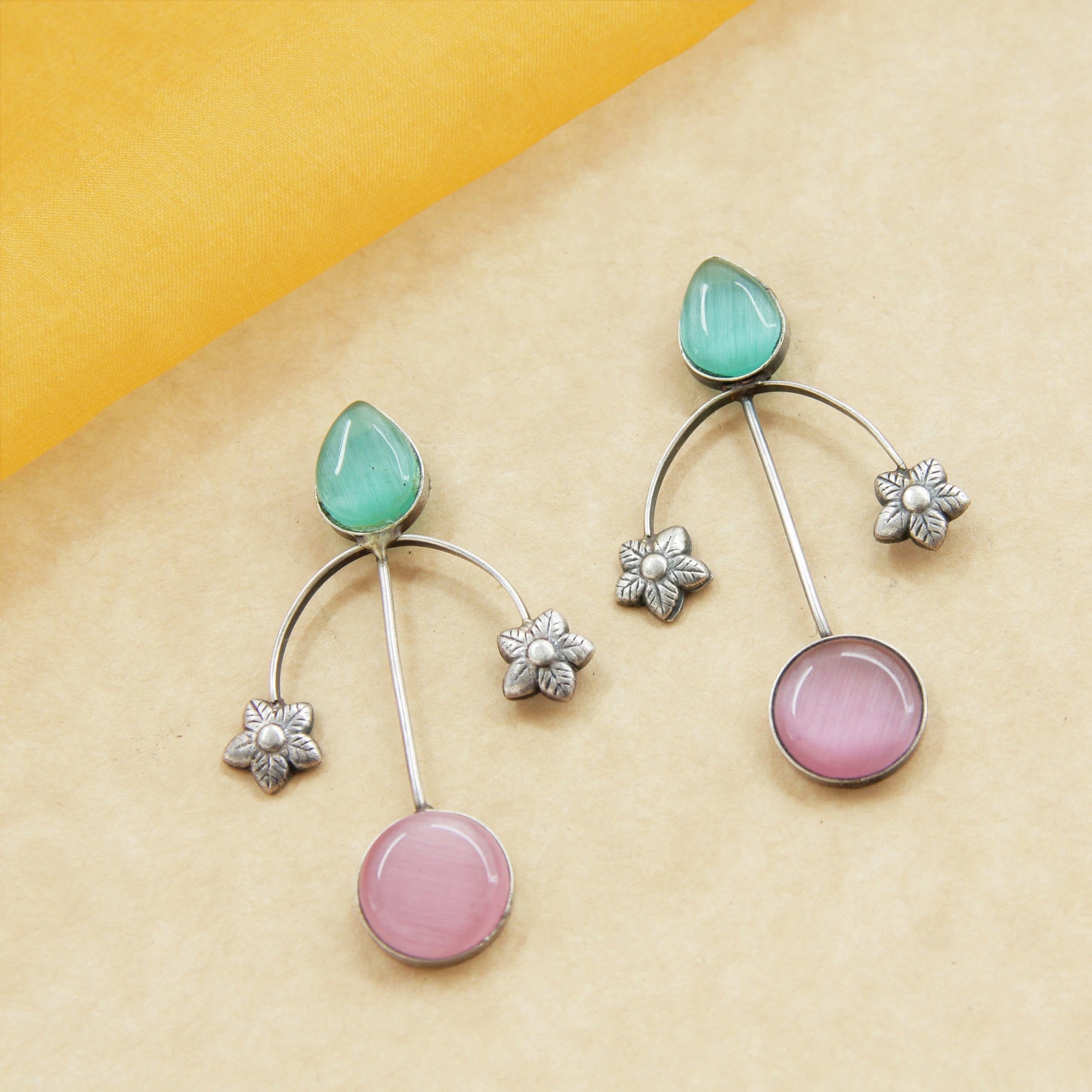 Navratri Dangler C.Green & pink Lite Weight Earrings