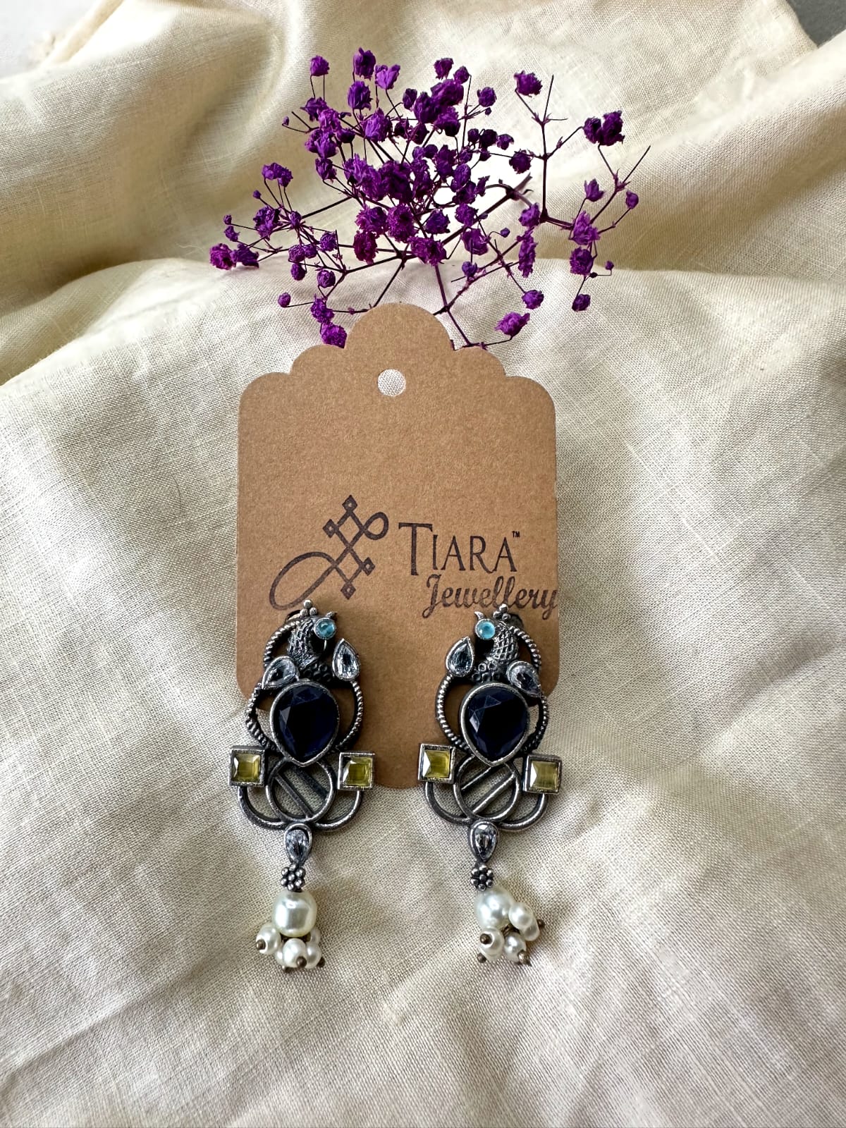 German Silver Peacock Motif With Pearl Hanging Earrings In Sale For Women & Girls