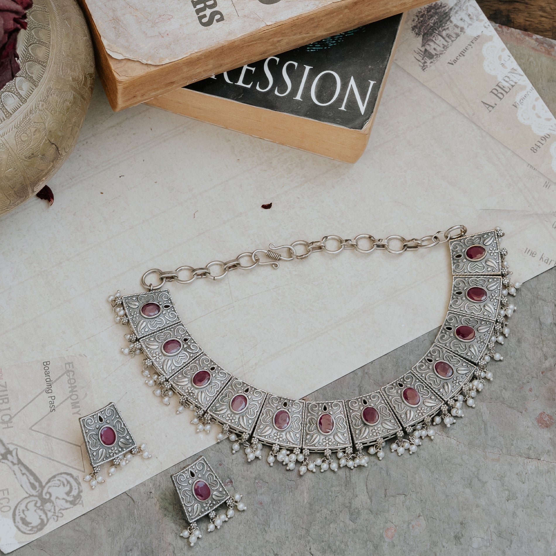 german sliver red stone ethnic necklace set