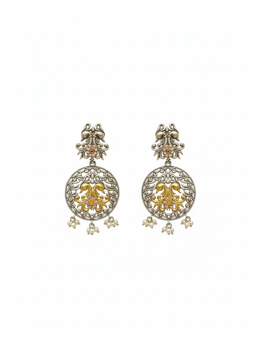 Two-tone Pearl Peacock Metal Dangler Earrings-481