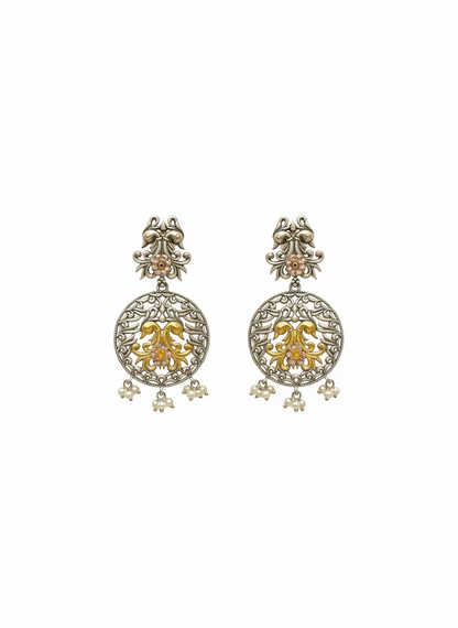 Two-tone Pearl Peacock Metal Dangler Earrings-481