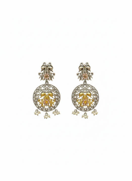 Two-tone Pearl Peacock Metal Dangler Earrings-481