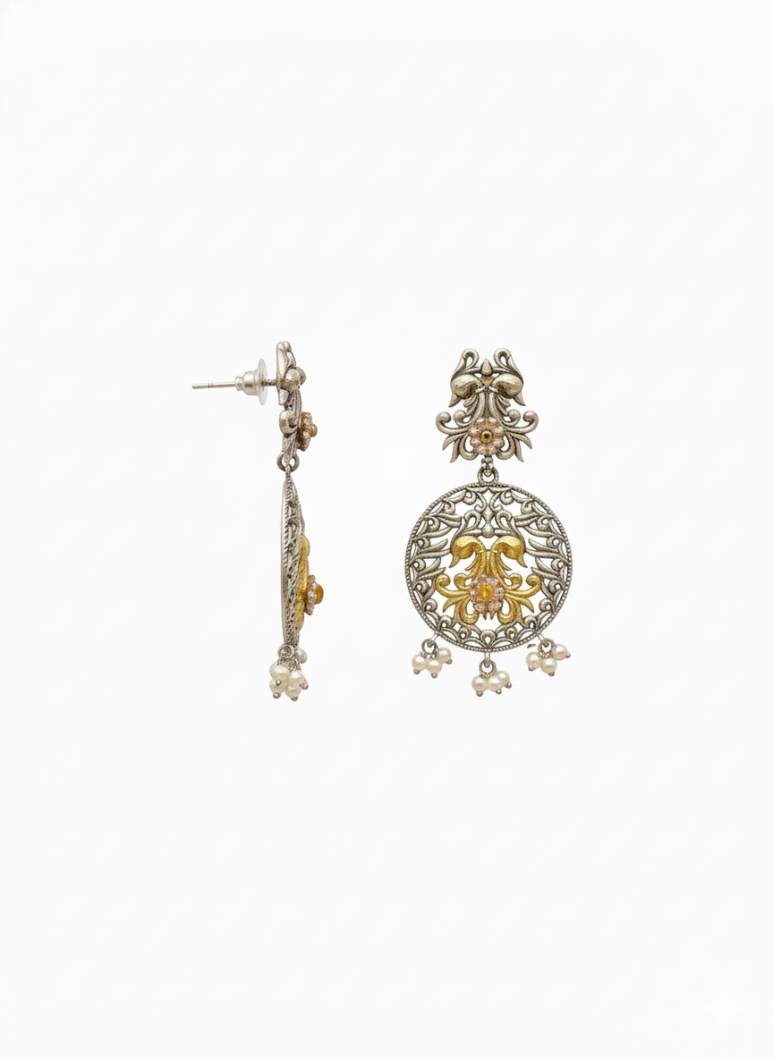 Two-tone Pearl Peacock Metal Dangler Earrings-481