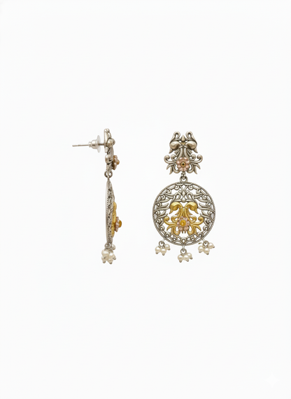 Two-tone Pearl Peacock Metal Dangler Earrings-481