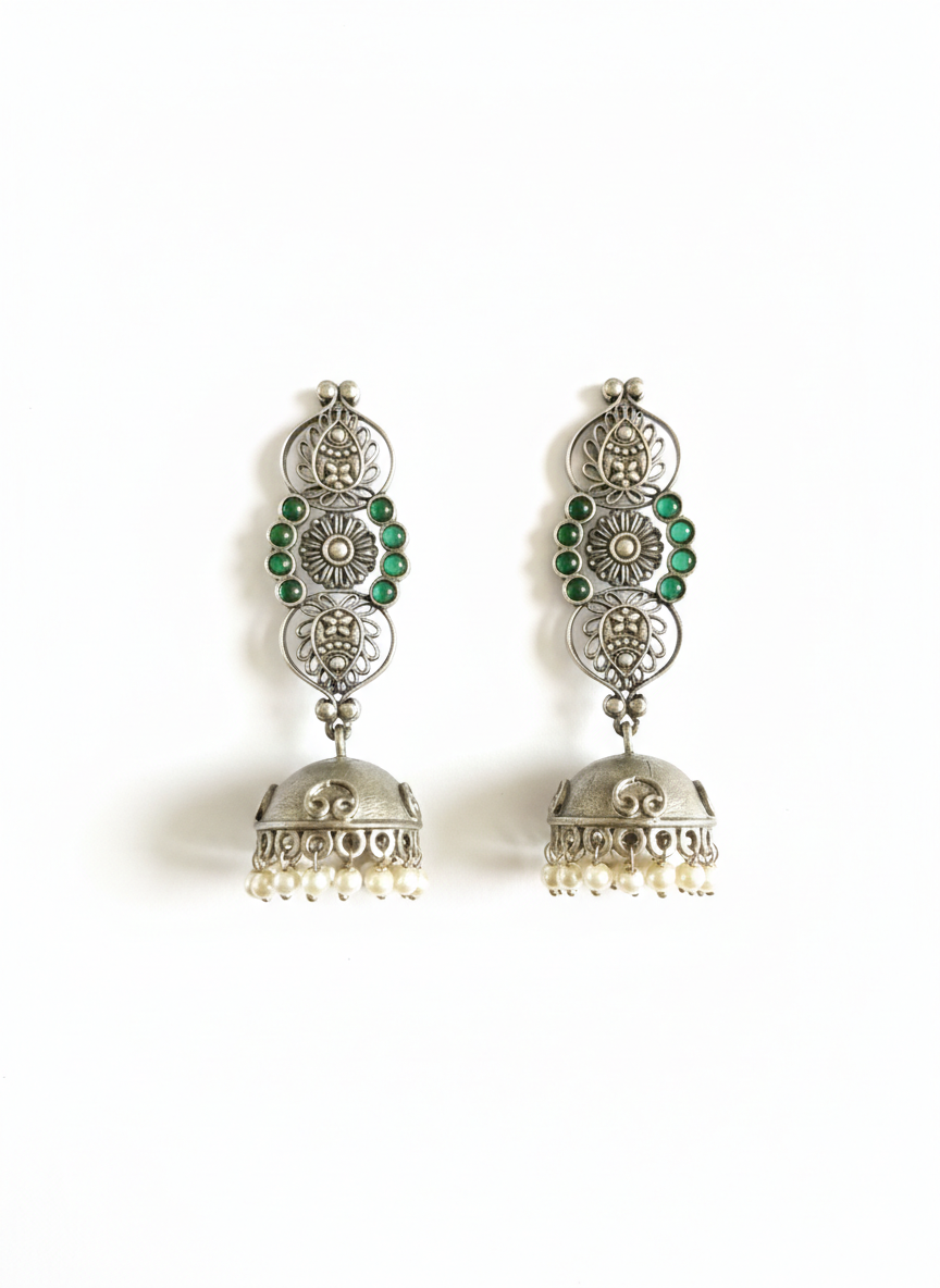 Metal Green Stone Dangler Earrings-486