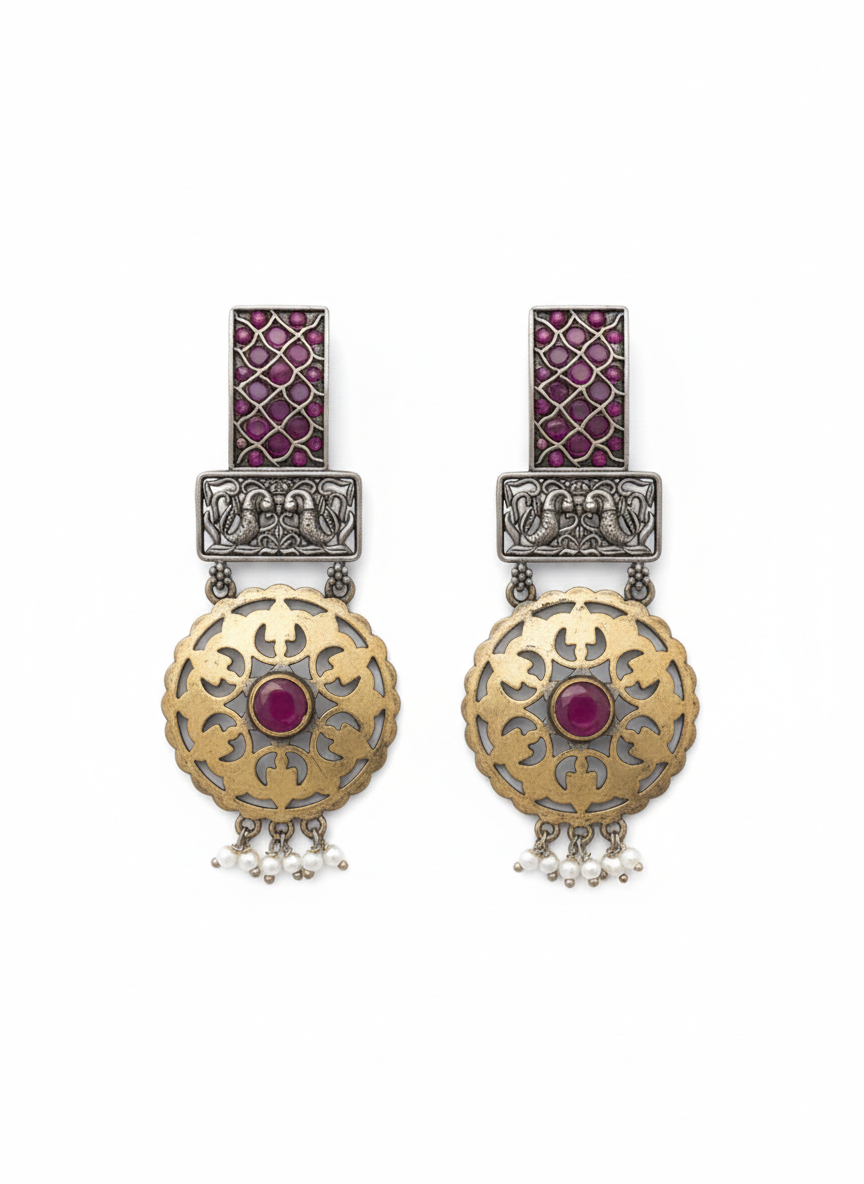 Ethnic Pink stones Metal Dangler Earrings-509