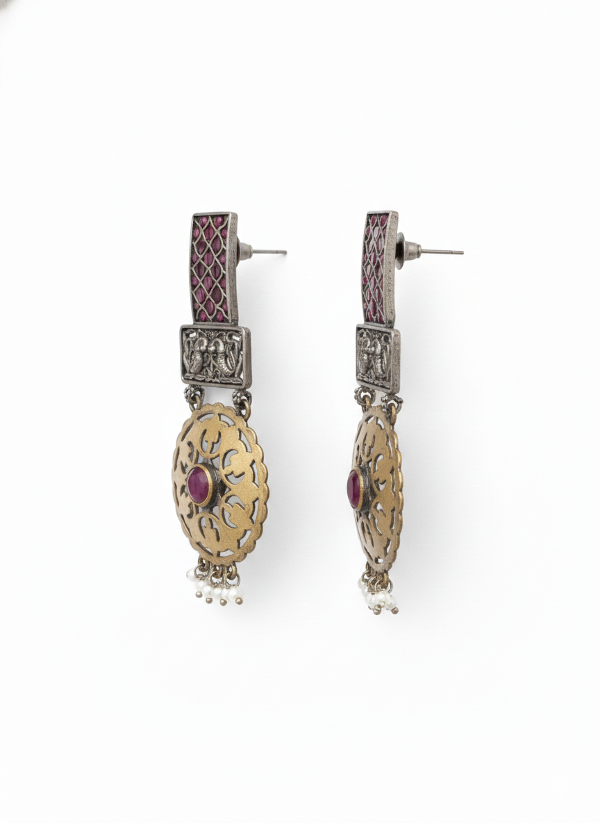 Ethnic Pink stones Metal Dangler Earrings-509