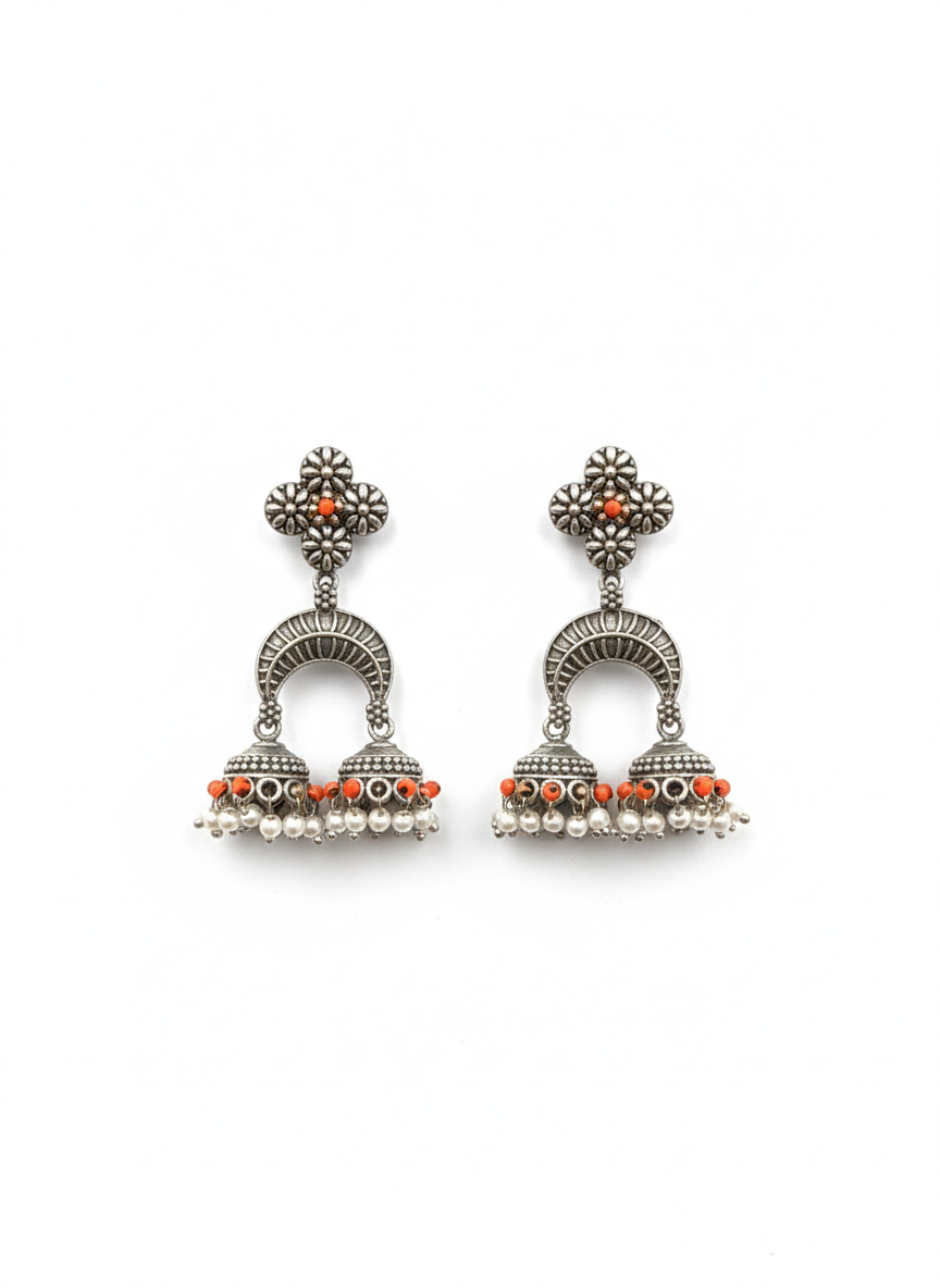 Orange Floral Metal Dangler Earrings-510