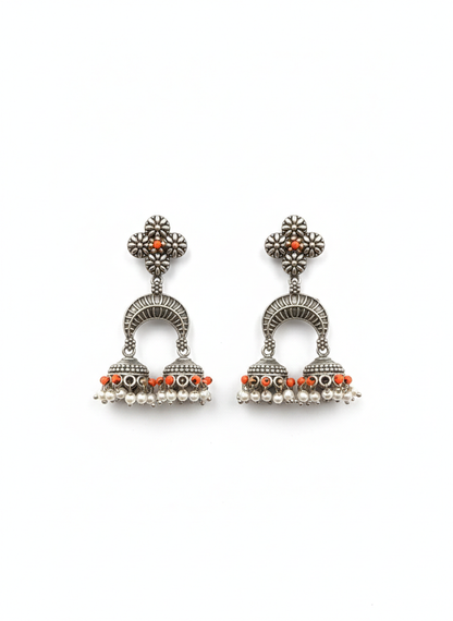 Orange Floral Metal Dangler Earrings-510