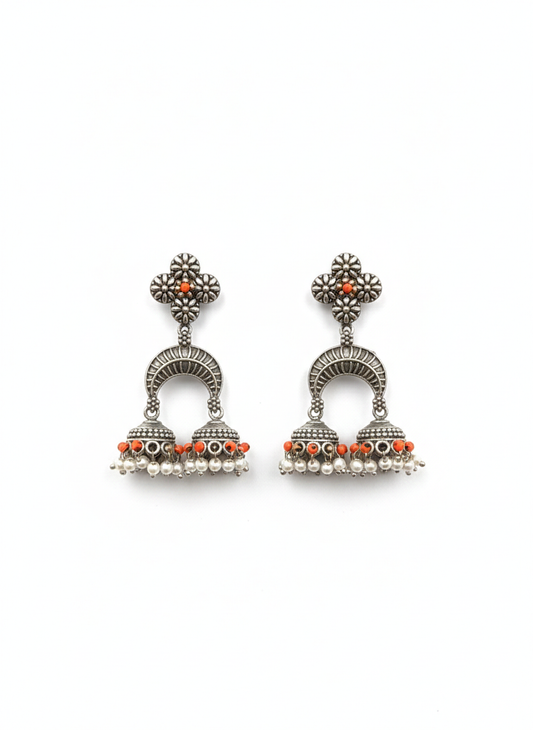 Orange Floral Metal Dangler Earrings-510