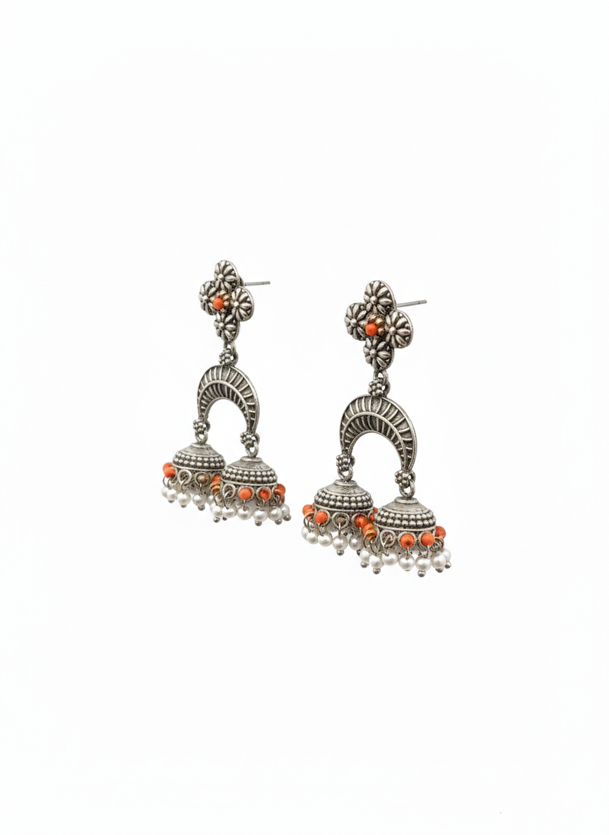 Orange Floral Metal Dangler Earrings-510