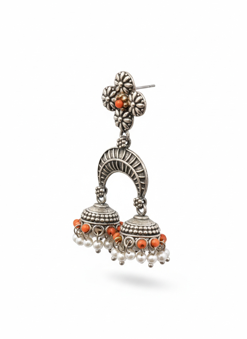 Orange Floral Metal Dangler Earrings-510