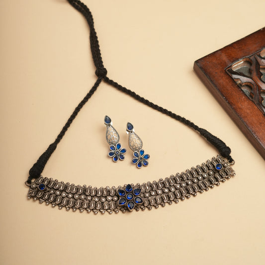German silver Blue BloomFlower Navratri Necklace set