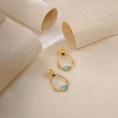 Turquoise Blue Stones Embellished Bold Gold Contemporary Drop Earrings for Women