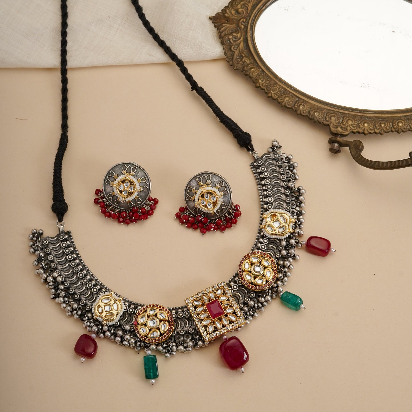 Green & Red Drop Tribal Necklace Set