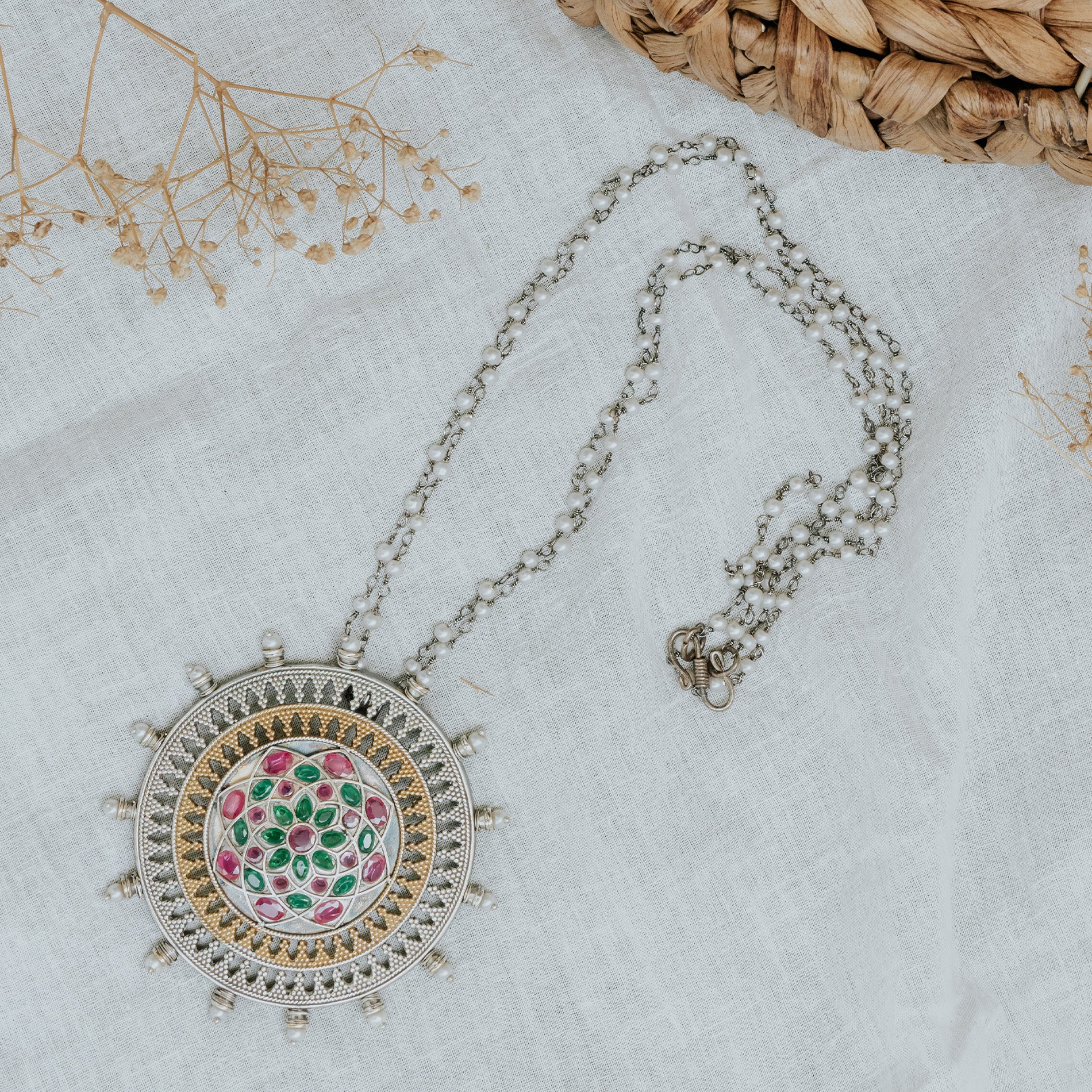 German silver multi- coloured ethnic pendent with pearl chain