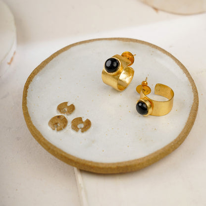 Gold Finish Brass Earrings in black stone