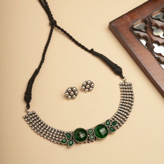 Round Green Motif Necklace Set with top earrings- German silver Brass