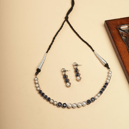 German silver Brass Blue and white pearl necklace set perfect for Navratri