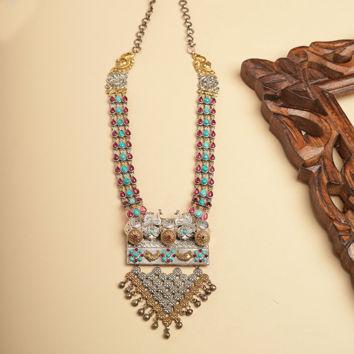 Festive long Necklace Set German silver in ghoogroo in Brass for Navratri