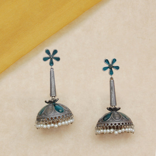 Blue floral jhumka Earrinhs with pearl Detailing