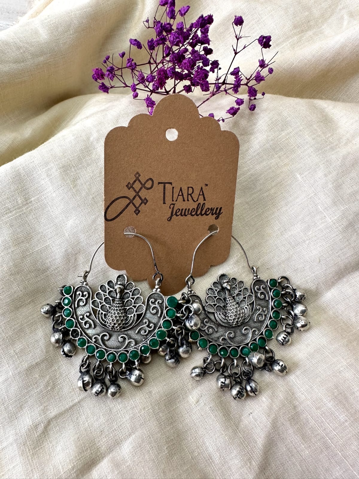 German Silver Peacock Inspired Crescent Hoop earrings in sale for women & Girls