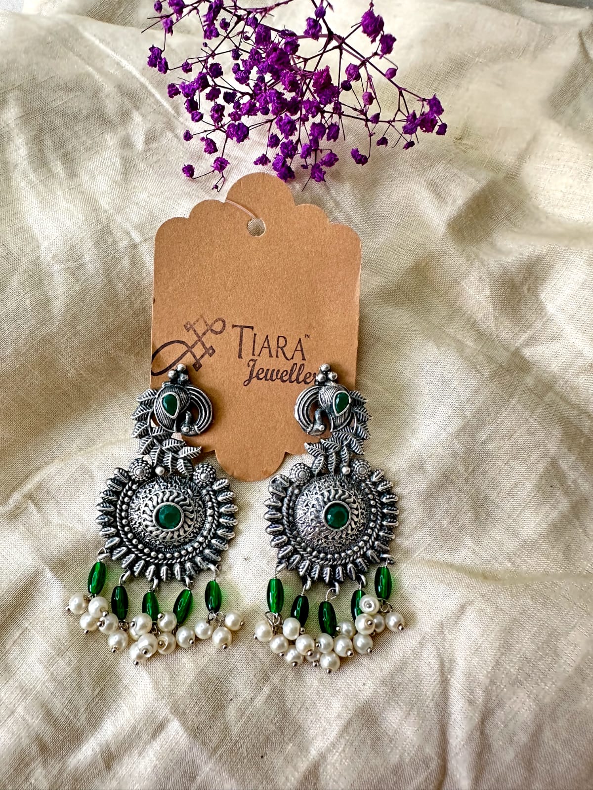 German Silver Stone & Pearls Drop Ethnic Earrings in sale for women & Girls