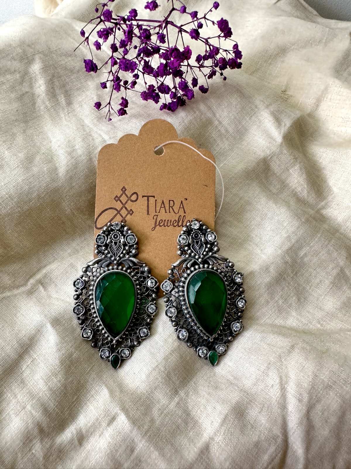German Silver Antique look Green stone  Earrings In Sale For Women & Girls