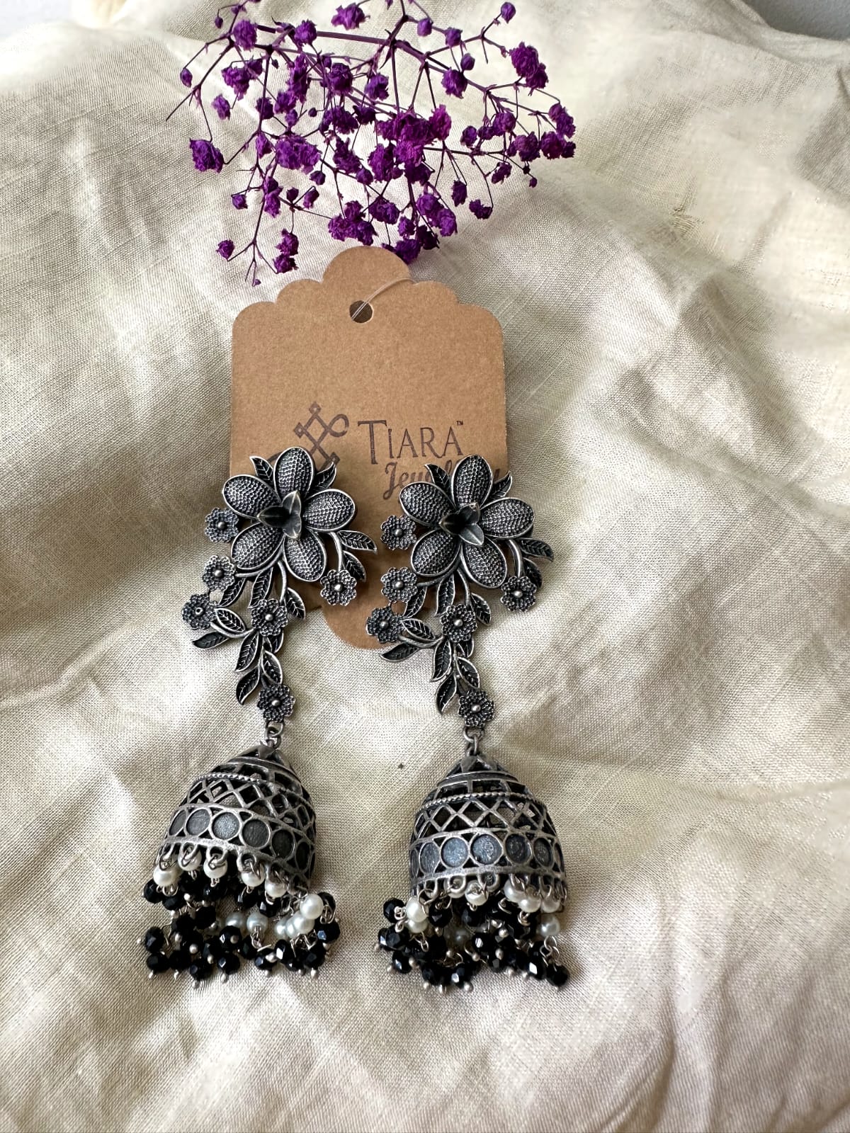 German Silver Flower Motif Jhumki Earrings In Sale For Women & Girls