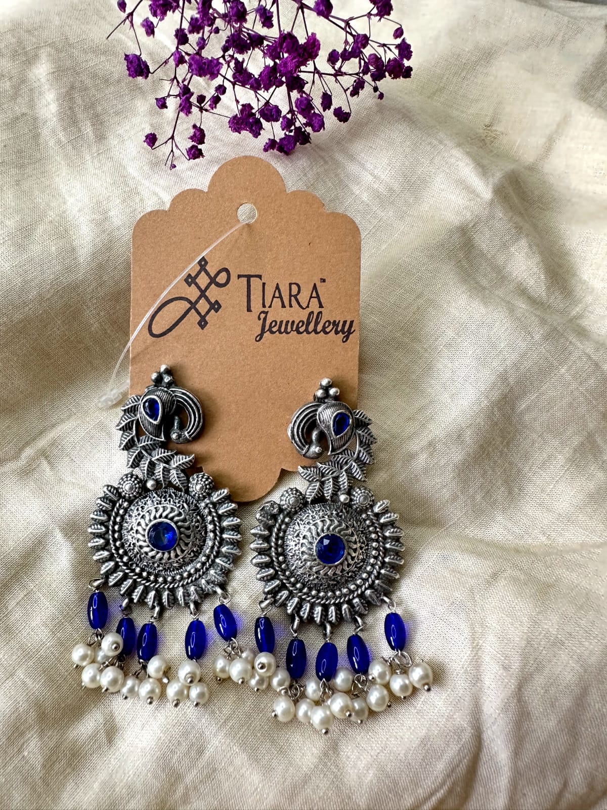 German Silver Stone & Pearls Drop Ethnic Earrings in sale for women & Girls