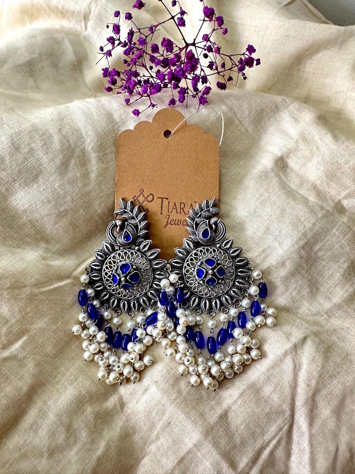 German Silver Peacock Motif & Pearls Drop   Earrings In Sale For Women & Girls