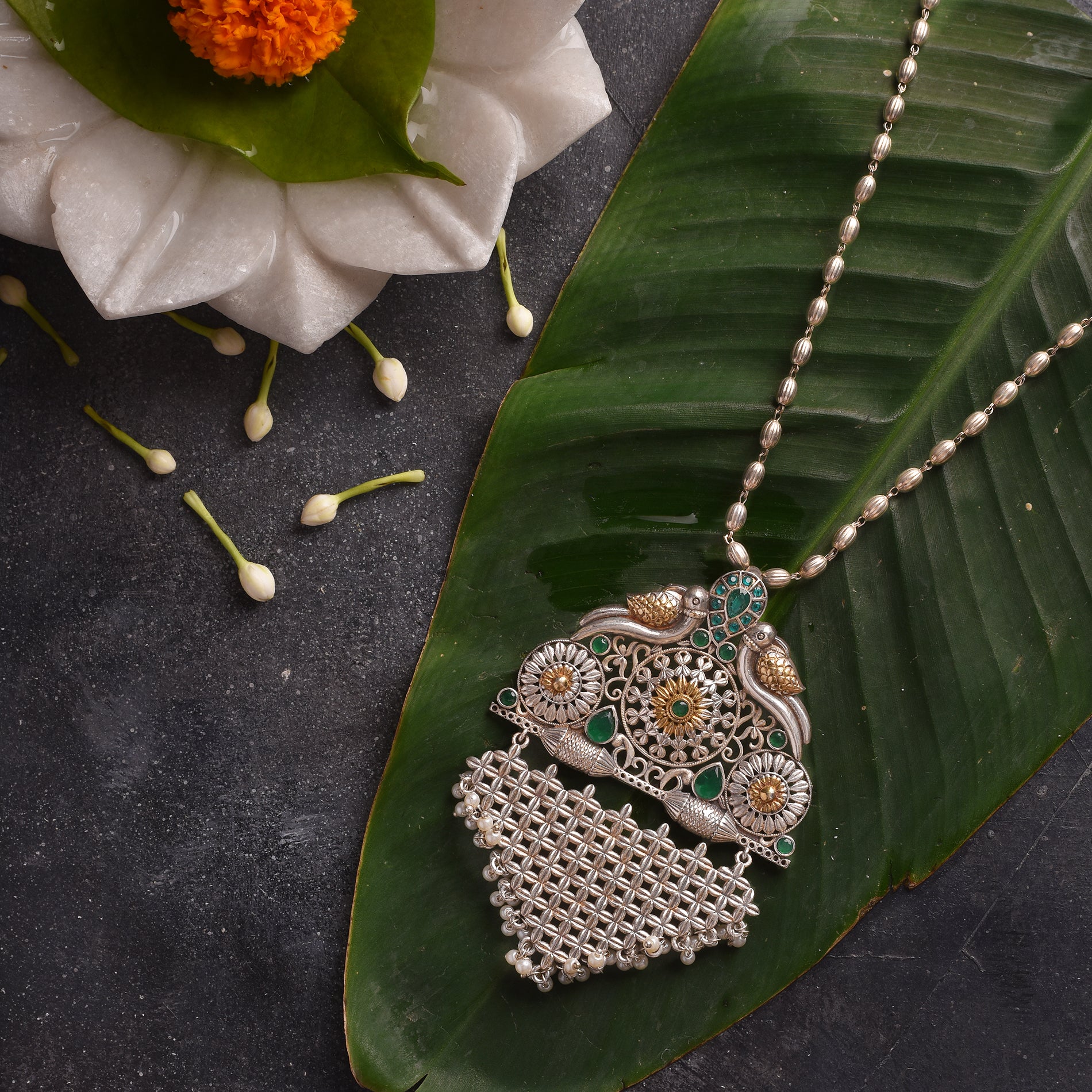 Handcrafted Dual-Tone German Silver Pendant with Intricate Indian Motifs