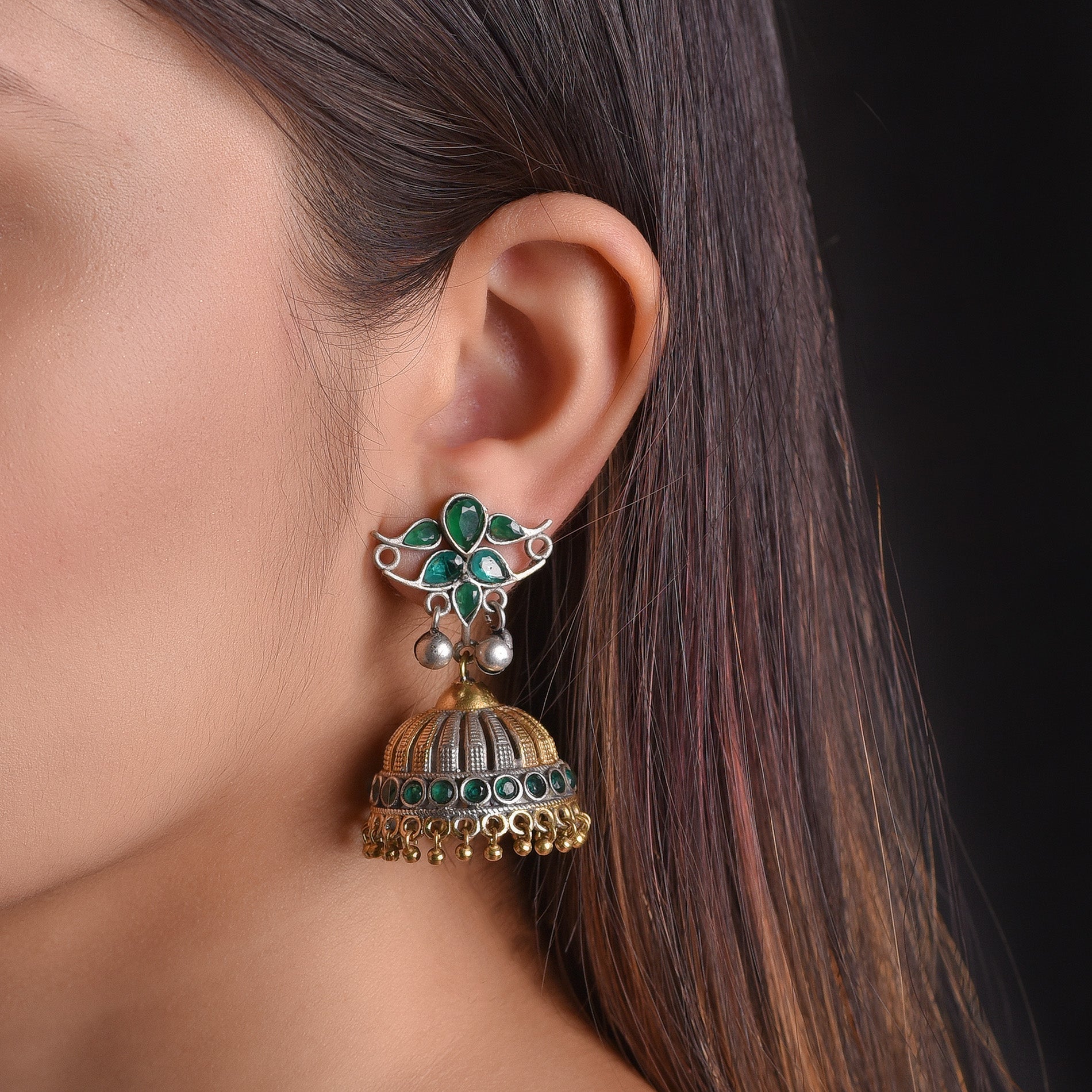German silver oxidized Leaf Pattern Earring with Green Stone and Dual-Tone Jhumka