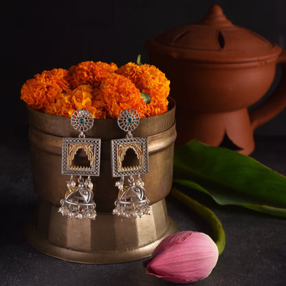 Exquisite German Silver Flower Earring with Jali Work and Dual-Tone Jharokha