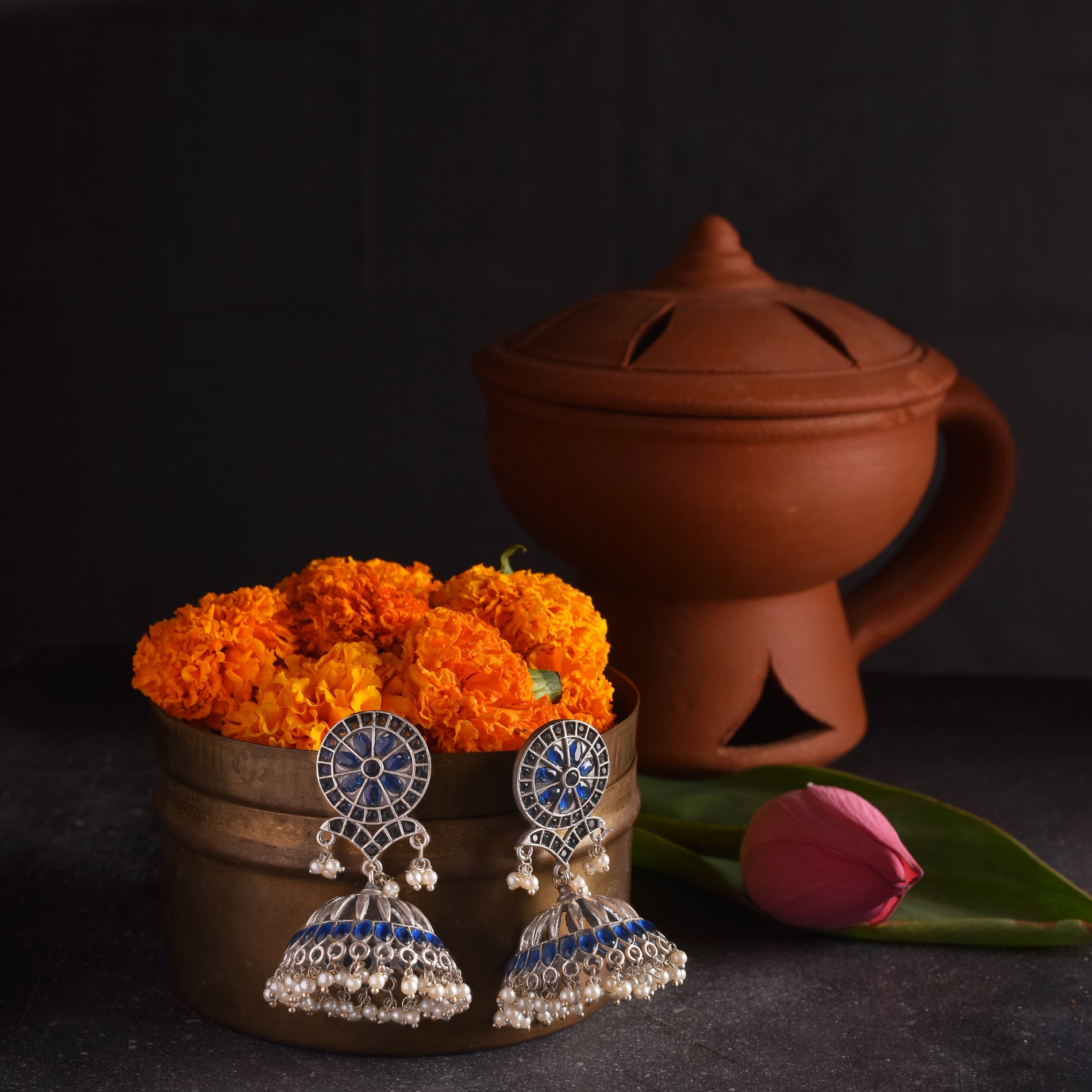 Blue Stone and Pearl Round Flower Jhumka Earrings | Elegant and Versatile