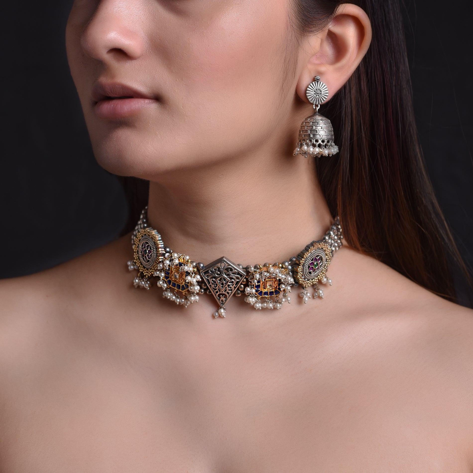 Limited Edition German Silver Choker with Kundan Pieces and Jhumka Earrings