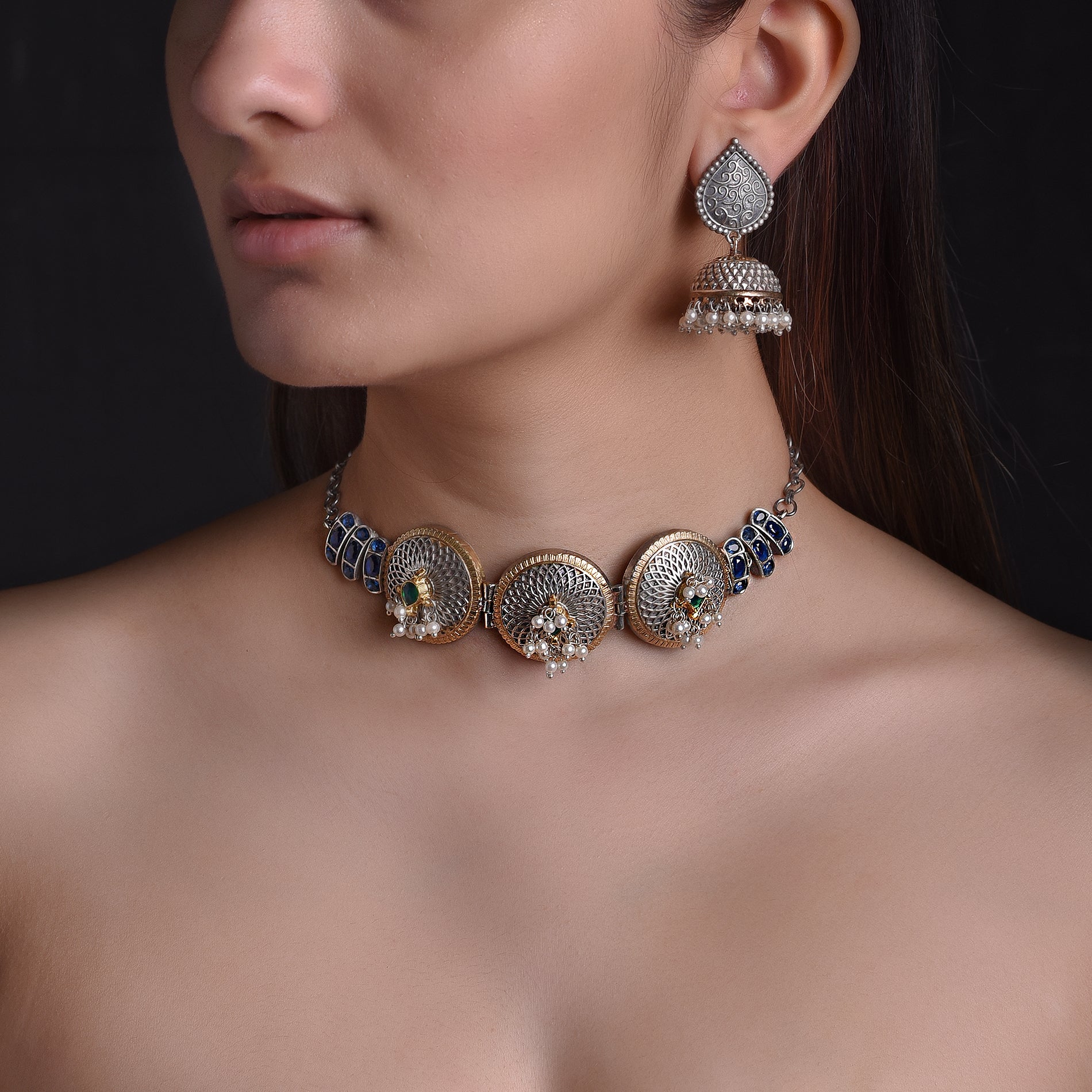 Limited Edition German Silver Choker with Kundan Pieces and Jhumka Earrings