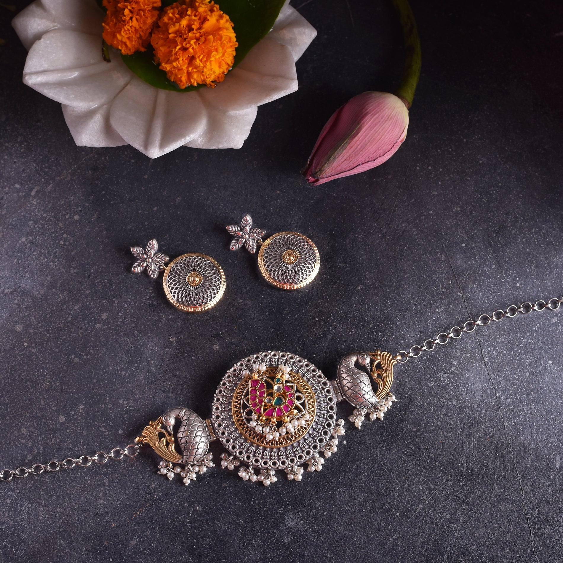 Limited Edition German Silver Choker with Kundan Piece and  Earrings