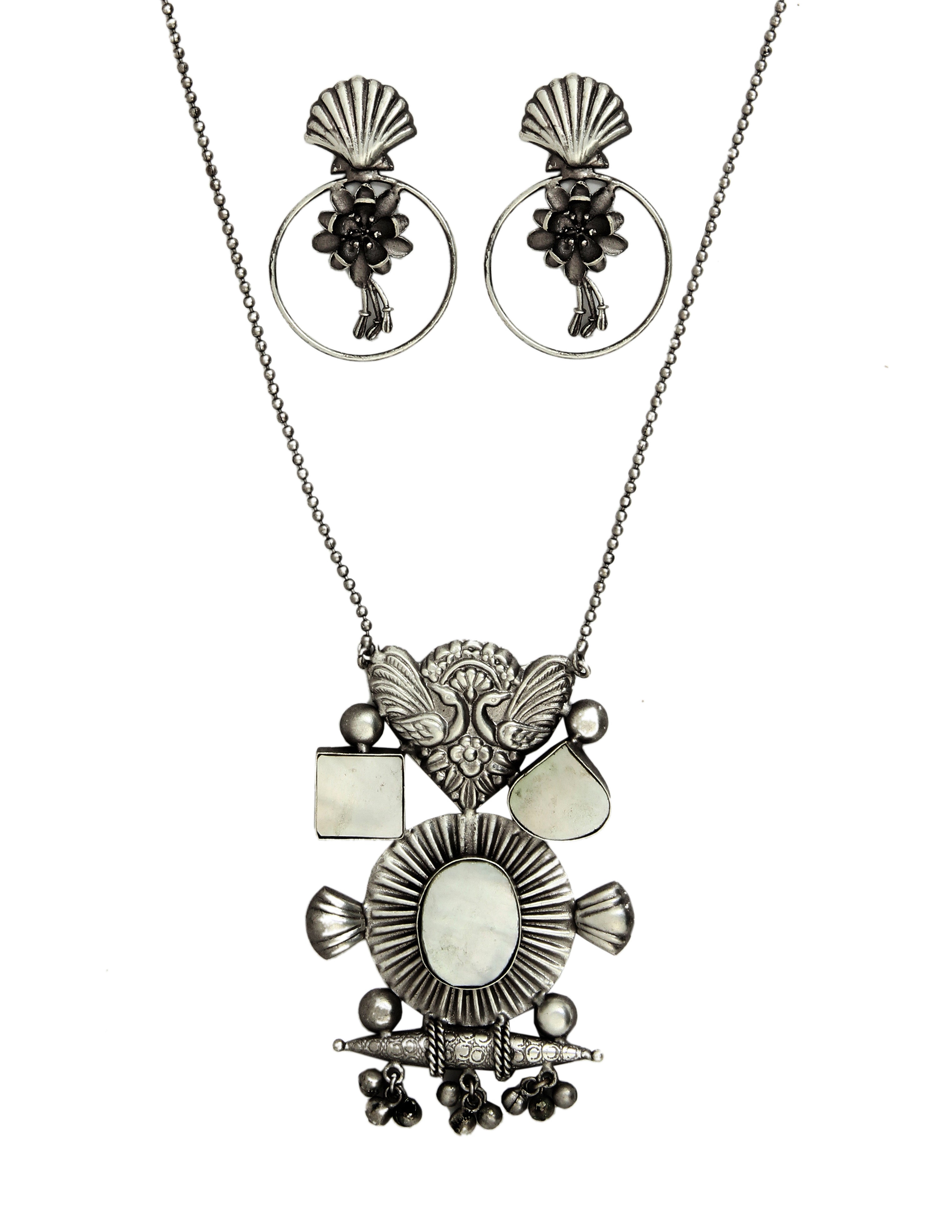 Women  & Silver-Toned Oxidised Handcrafted Long Brass Pendent Necklace set