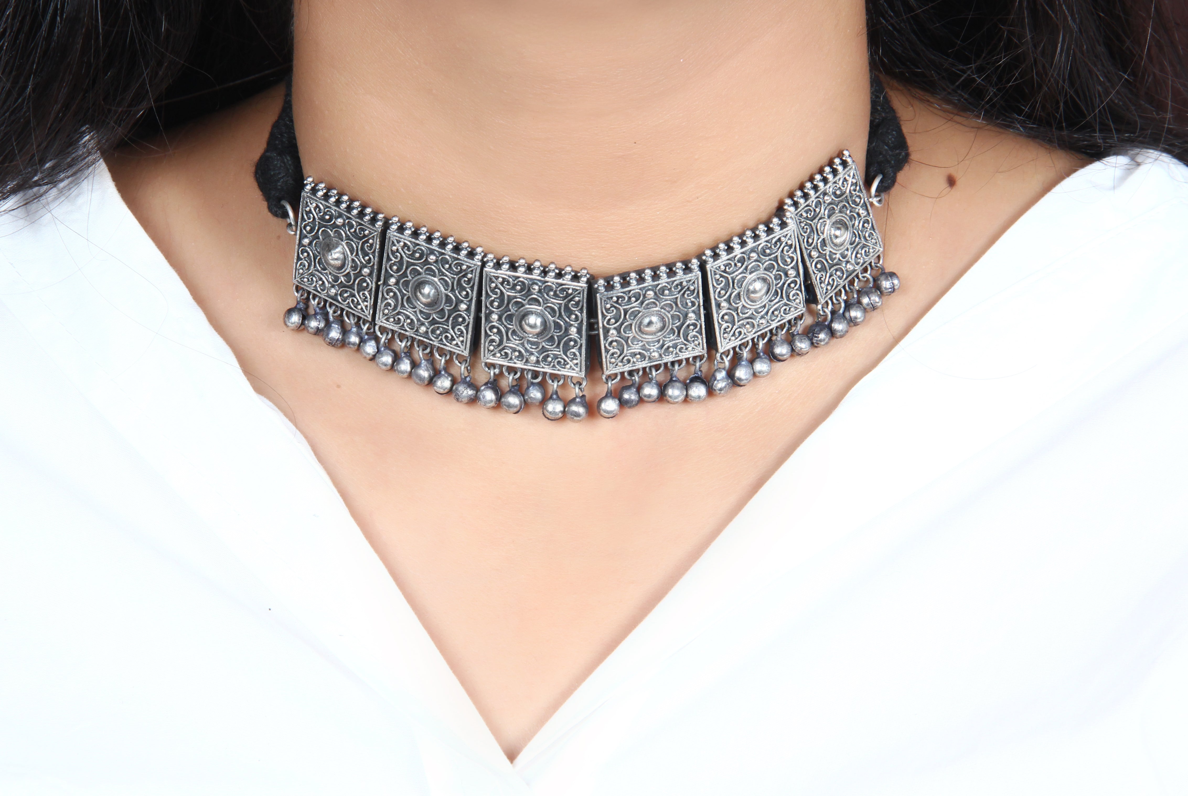 Grand Traditional Floral Oxidized German Silver Choker Necklace with Silver  Tone Hangings & Earrings | Sasitrends | Sasitrends